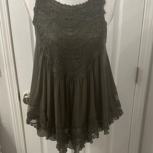 Lace Yoke Flowy Tank Top in Olive Green